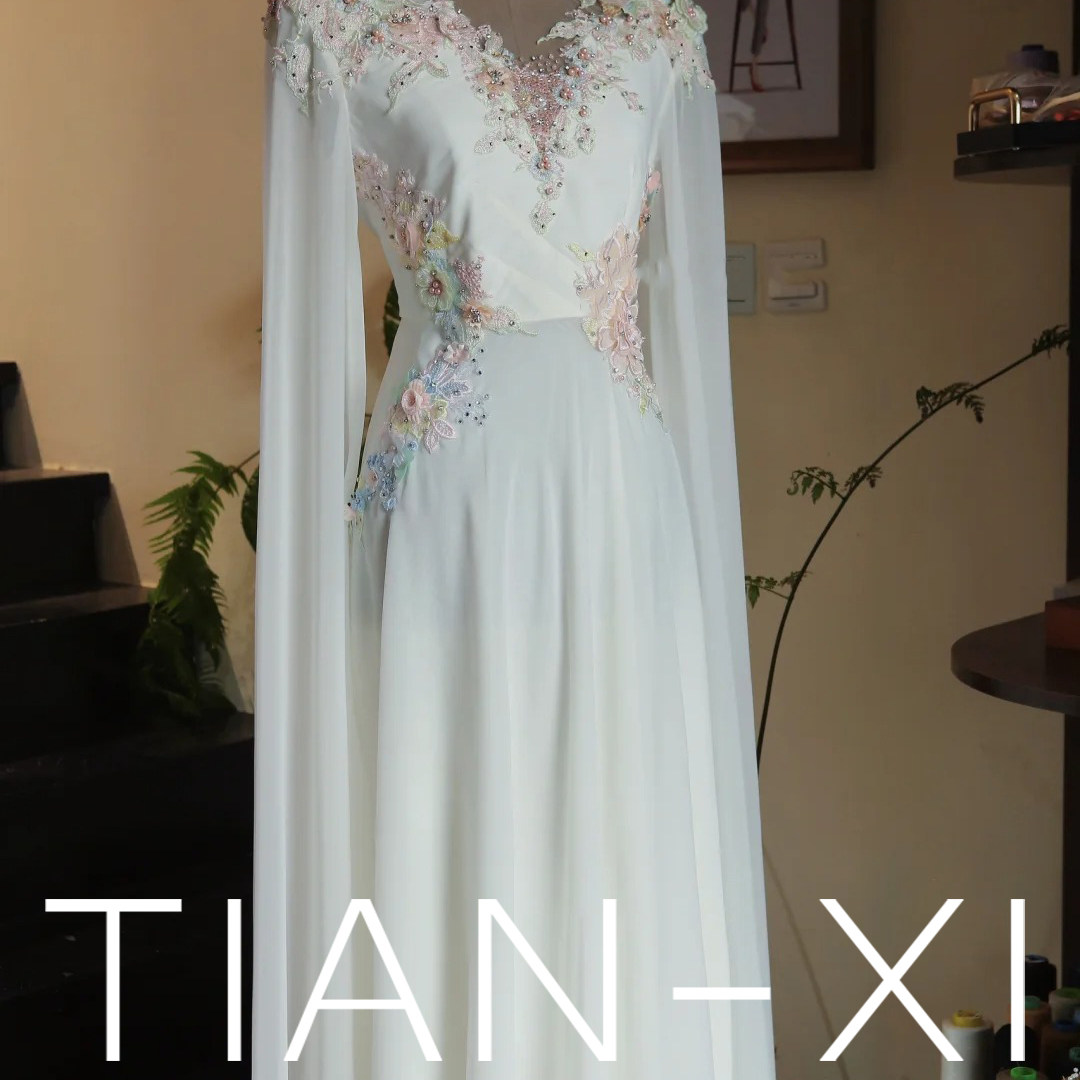 古筝琵琶艺考演出服成人表演主持人水袖独唱连衣裙白色晚礼服新款