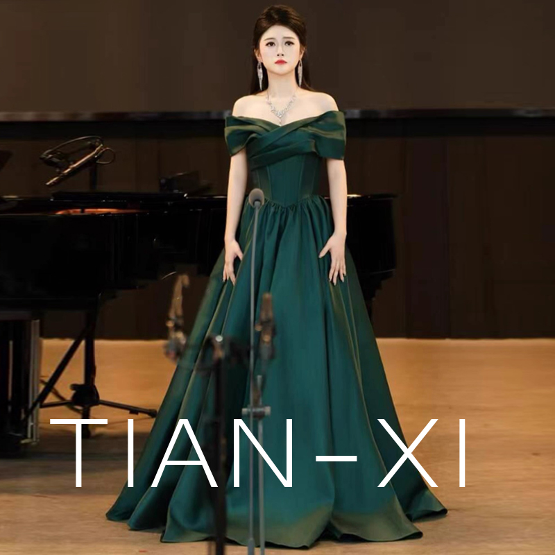 绿色晚礼服女2025新款高端节目主持人声乐艺考美声独唱钢琴演出服