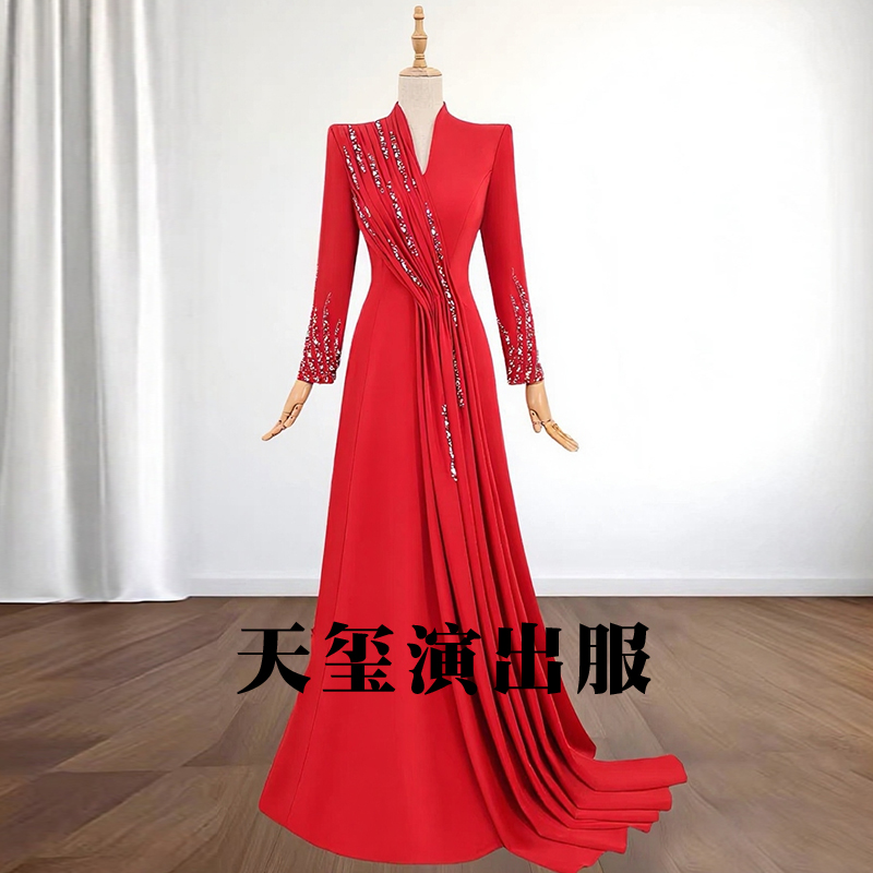 红色晚礼服高级感音乐会民歌独唱舞台比赛表演出服节目主持人长袖