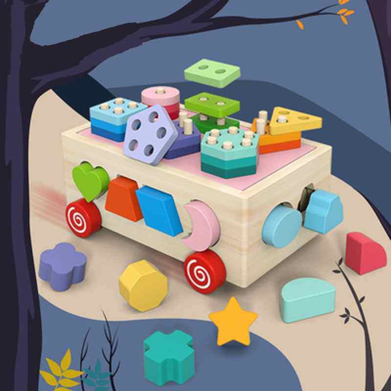 儿童木质益智积木车几何形状配对套柱拖车认知分类木制智力盒玩具