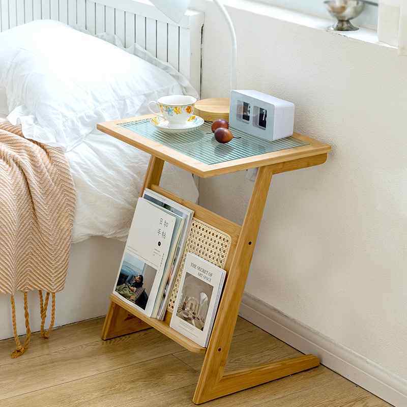 日式边几藤编卧室床头柜置物架简约现代楠竹小柜子中古玻璃收纳架