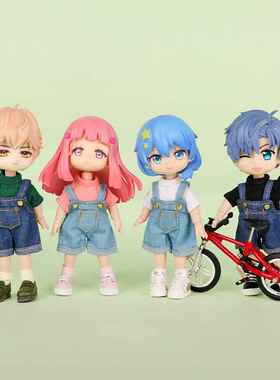 哈乐动漫ob11娃衣纯色短袖牛仔短背带裤套装12分素体可穿娃娃配饰