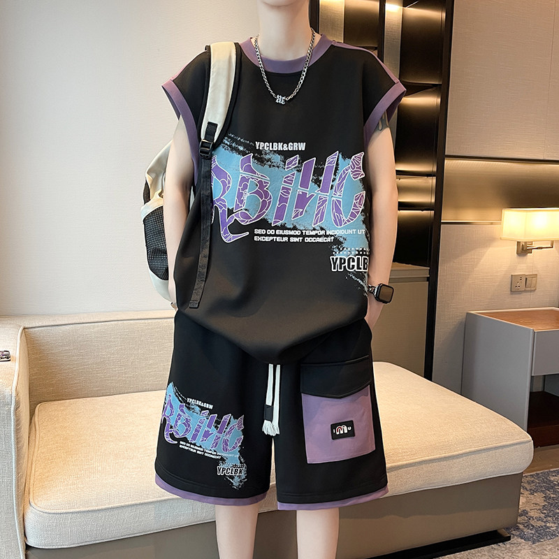 运动套装男夏季帅气休闲 工作服短裤男青少年篮球服T恤短袖一套搭