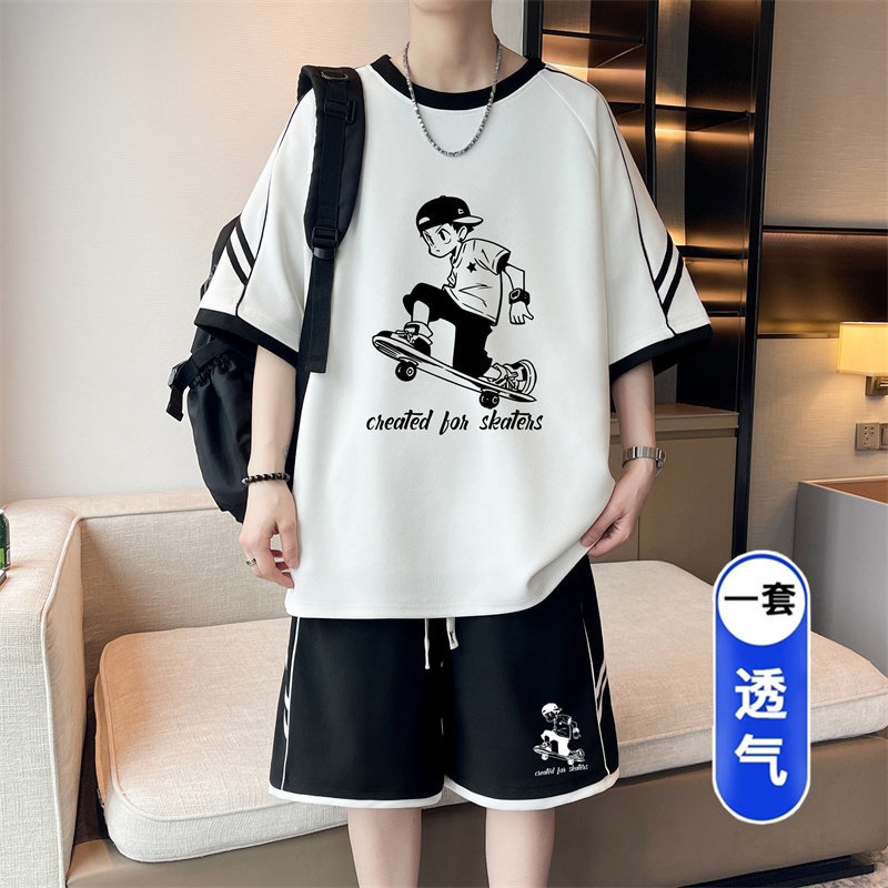 青少年夏季短裤运动套装男初中高中学生冰丝短袖t恤大童夏装一套