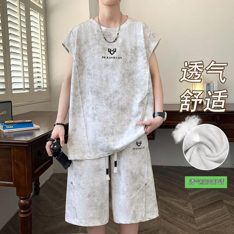 冰丝扎染刺绣坎肩背心套装男夏季速干凉感无袖上衣短裤一整套搭配