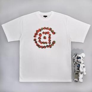 再次补货#陈冠希#草莓LOGO印花圆领纯棉短袖T恤 潮流宽松男女体恤