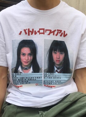 RUKAWAZCITY原创设计大逃杀tee栗山千明日文圆领宽松纯棉麻棉短袖
