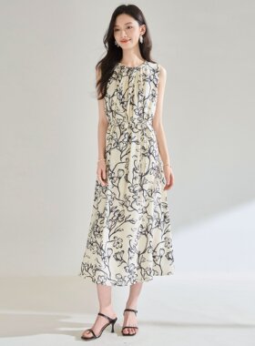 25夏季新款天丝亚麻国风水墨印花宽松圆领度假风无袖连衣裙25286