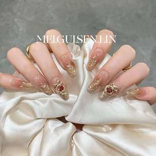 玫瑰森林金灵蛇年2025年手工穿戴甲法式 带钻爆闪显白美甲 中长款