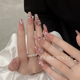 玫瑰森林沦陷手作穿戴甲亮晶晶夏天腮红渐变法式 显白气质美甲 长款