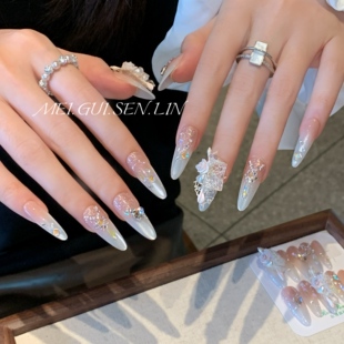 玫瑰森林甜慕斯法式 手工穿戴甲粉嫩显白拍婚纱照婚甲爆闪猫眼美甲