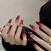 玫瑰森林赫拉天后红色山茶花手作穿戴甲猫眼渐变高级显白法式 美甲