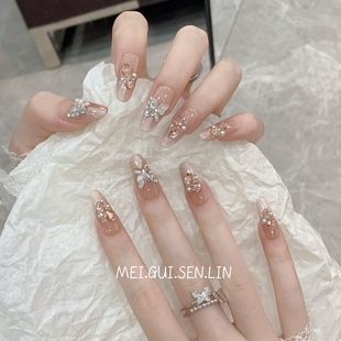 美甲贴片 显白全钻秋冬新款 玫瑰森林枫叶蝶手工蝴蝶穿戴甲长款 法式