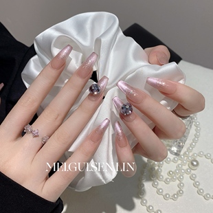 玫瑰森林紫梦星河2025手工美甲长款 显白猫眼爆闪可拆卸穿戴甲 法式