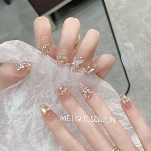 玫瑰森林羽翼幽蝶蝴蝶穿戴甲手工定制亮晶晶法式 气质美甲 显白短款