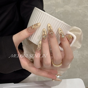 玫瑰森林幸运星千金穿戴甲手作高级鎏金猫眼闪钻法式 成品美甲 长款