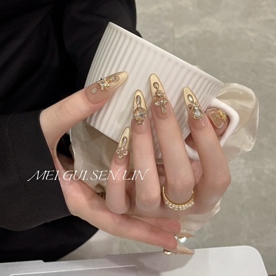 玫瑰森林幸运星千金穿戴甲手作高级鎏金猫眼闪钻法式长款成品美甲