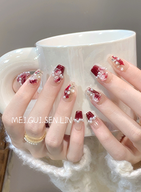 【玫瑰森林】暗夜玫瑰绝美山茶花新年穿戴甲红色系秋冬法式长款