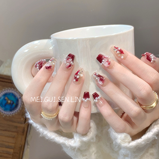 长款 暗夜玫瑰绝美山茶花新年穿戴甲红色系秋冬法式 玫瑰森林