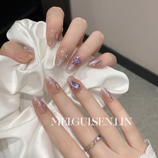 玫瑰森林露娜手工穿戴甲短款 椭圆猫眼渐变美甲爱心大钻成品指甲贴