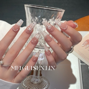 玫瑰森林奶芙可可手工穿戴甲蝴蝶结长款 猫眼杏仁显白温柔美甲 法式