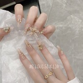 玫瑰森林鎏光晚宴穿戴甲手工定制爆闪碎钻蝴蝶结法式 长款 美甲显白