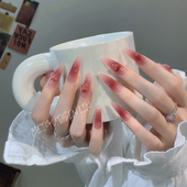 杨梅桃桃长杏仁手工定制网红长款 玫瑰森林 渐变红色国风穿戴甲