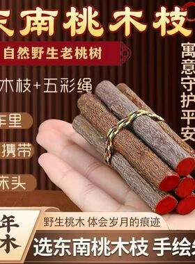正宗桃木东南枝五色线7根挂件桃木枝随身带床头家用桃树枝摆件