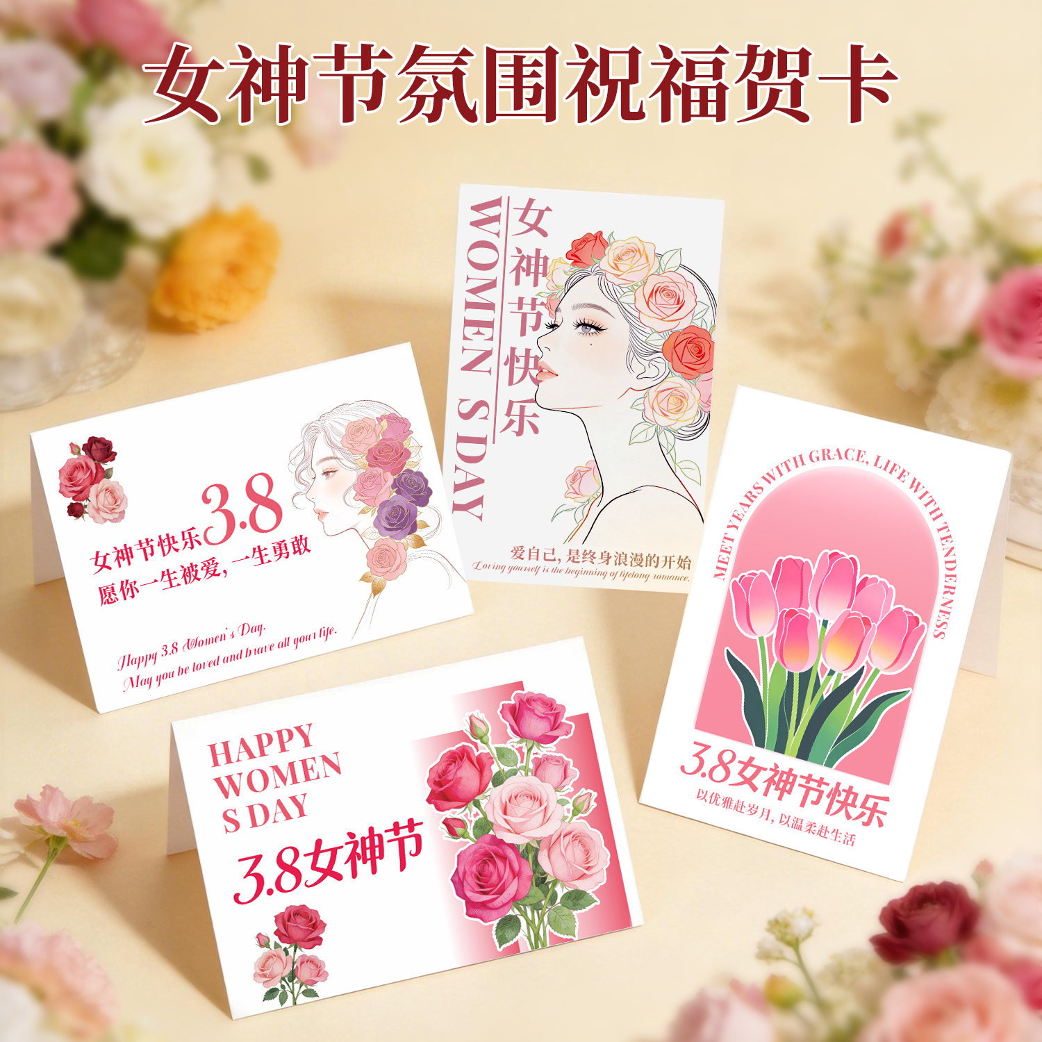 定制女神节贺卡妇女38节手写信小卡片高级感快乐三八花束送妈妈老婆手工diy老师女朋友