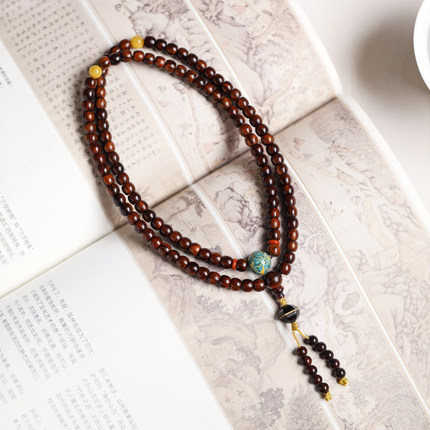 濮暹海南黄花梨手串女108颗6x7mm真品紫油梨老型木质佛珠手链男士