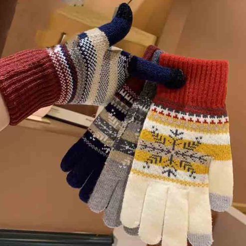 毛线手套女冬季女保暖加绒时尚圣诞雪花针织骑车防寒情侣可触屏男
