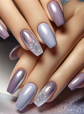 外贸韵味紫色藤蔓花朵渐变细闪中长款芭蕾甲气质温柔可拆卸美甲