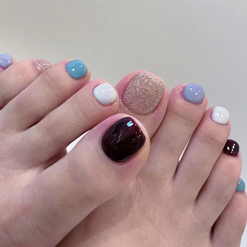 脚款多色纯色拼搭美甲入秋蓝白金粉酷黑假指甲脚甲nails