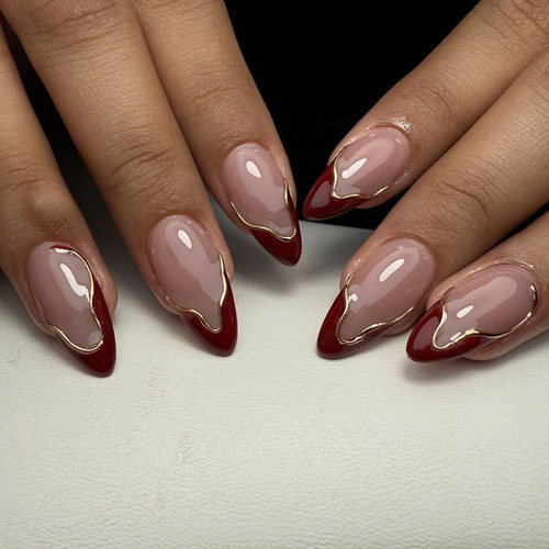 外贸立体不规则复古鎏金红法式可拆卸美甲24片press on nails