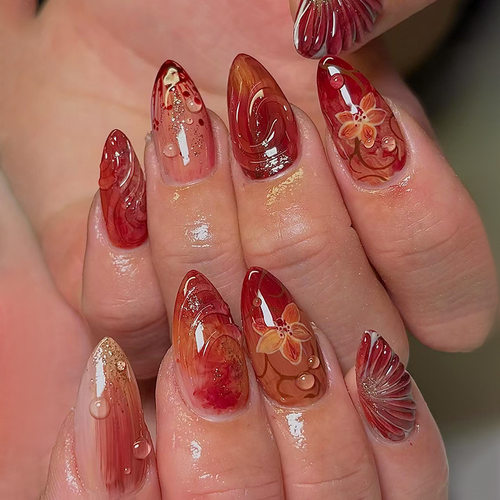 立体红色细闪花朵复古气质ins风可拆卸穿戴甲30片 press on nails