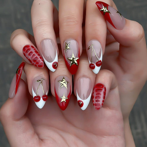 立体鎏金星星灵动樱桃法式ins风可拆卸美甲24片press on nails