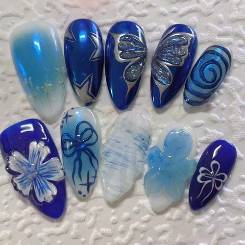 立体梦幻星空蝴蝶晕染冰花欧美风可拆卸美甲30片press on nails