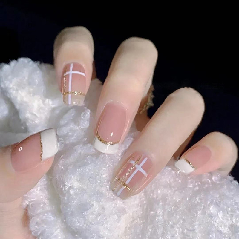 金线格纹法式气质简约显白百搭可拆卸穿戴甲美甲片24片