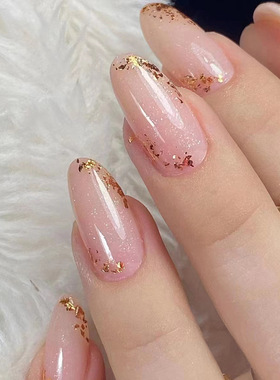 简约粉透极简ins风杏仁甲闪亮金粉大气甜美穿戴式美甲片成品nails