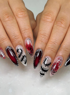 立体猫眼暗黑酷飒鎏银蜈蚣ins风可拆卸穿戴甲24片 press on nails