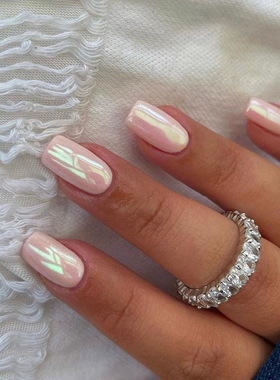 中长款欧方形粉色灵动极光甜美欧美ins风假指甲nails美甲24片