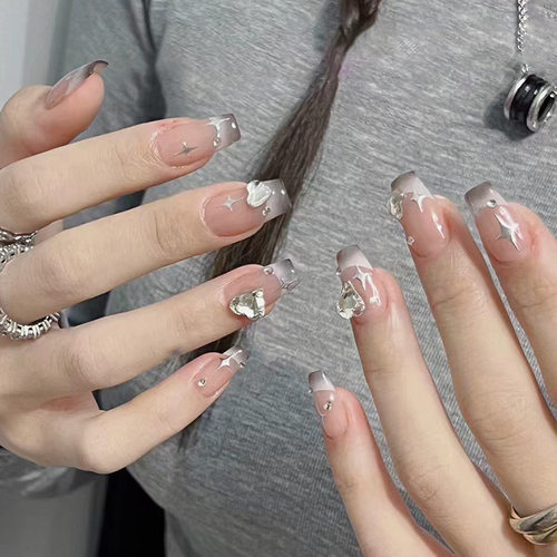 中长款芭蕾甲烟灰渐变法式星星巨闪爱心钻石穿戴甲甲片nails