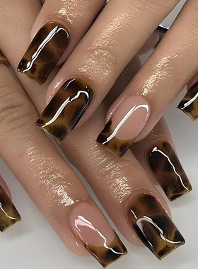 外贸棕色晕染法式显白复古欧美风可拆卸美甲24片 press on nails