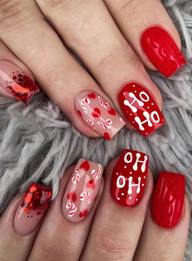 红色圣诞美甲欧美甜妹爱心闪粉假指甲成品穿戴甲情人节美甲nails