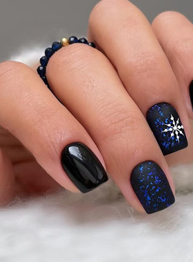 外贸暗黑蓝色星河雪花甜酷百搭中长款欧方形可拆卸美甲指甲片24片