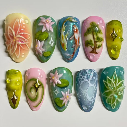 立体清新荷花好运锦鲤欧美ins风可拆卸穿戴甲30片 press on nails