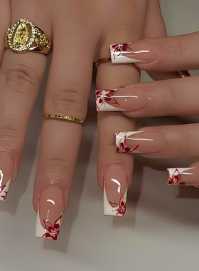 法式蔷薇花朵温柔欧美ins风可拆卸美甲片24片press on nails