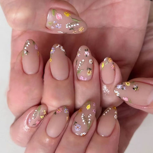 外贸油画感磨砂指尖温柔小花可拆卸穿戴甲美甲片press on nail