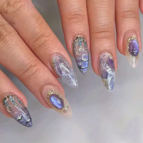 立体猫眼梦幻蓝紫星河晕染欧美风可拆卸美甲30片press on nails