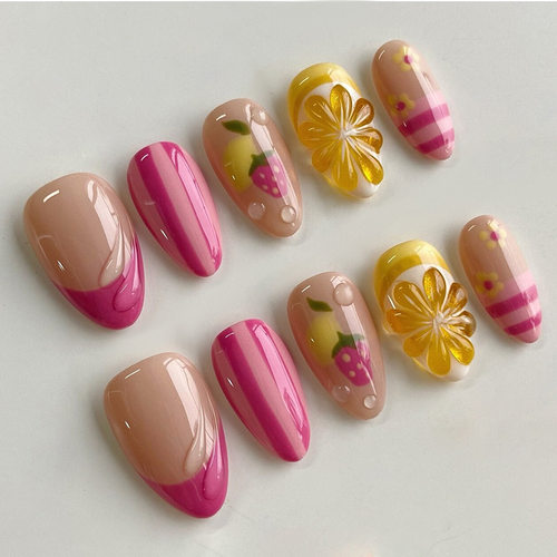 外贸立体清新草莓柠檬条纹法式可拆卸美甲24片press on nails